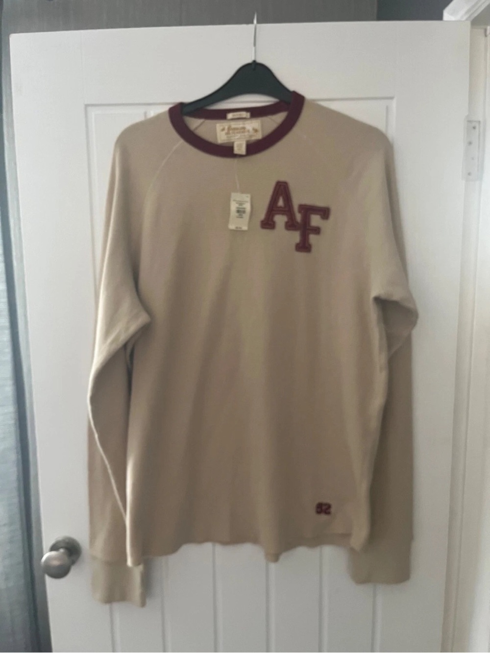 Abercrombie & Fitch Beige Crewneck Sweater with Maroon Trim